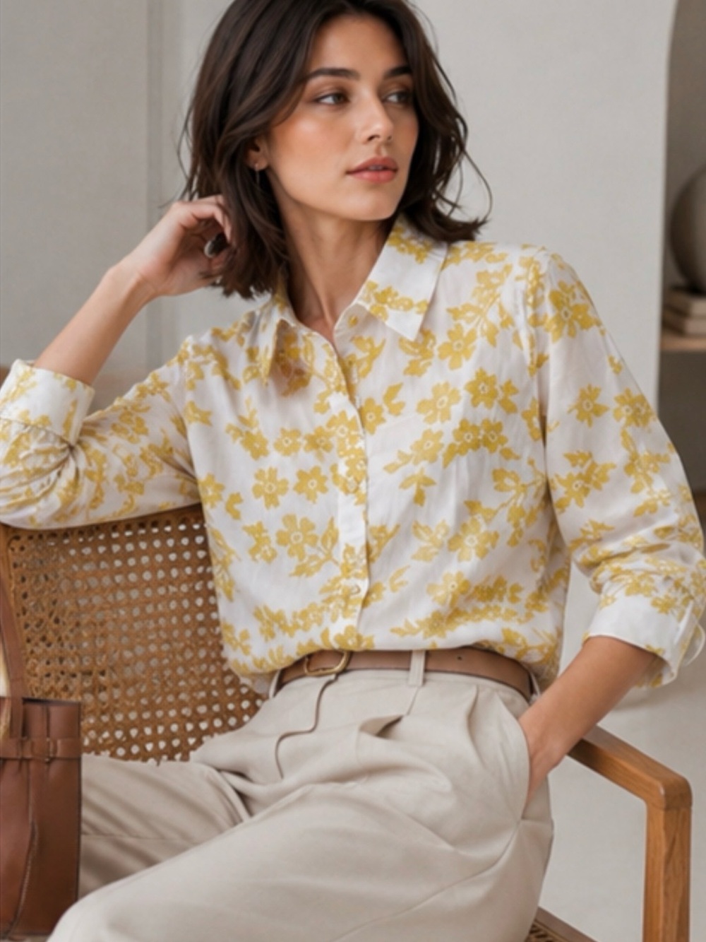 OllariAnthropologie Women’s Embroidered Floral Button-Up Blouse White Mustard M